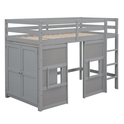 Wood Twin Size Loft Bed with Built-in Storage Wardrobe and 2 Windows, Gray